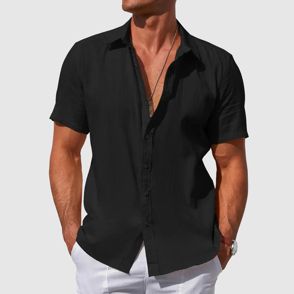 Men's Short-Sleeve Textured Linen Button-Up Shirt - Black