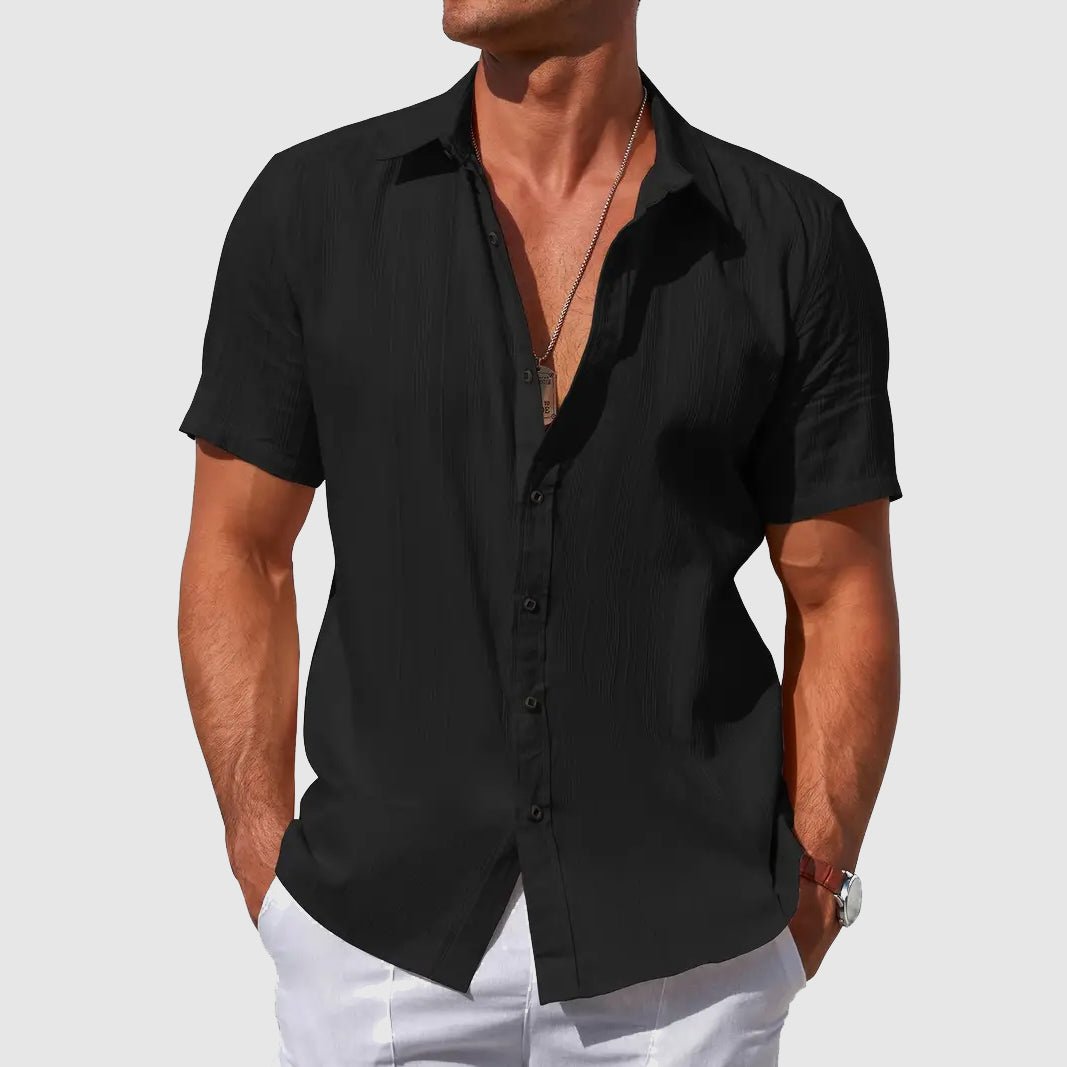 Men's Short-Sleeve Textured Linen Button-Up Shirt - Black