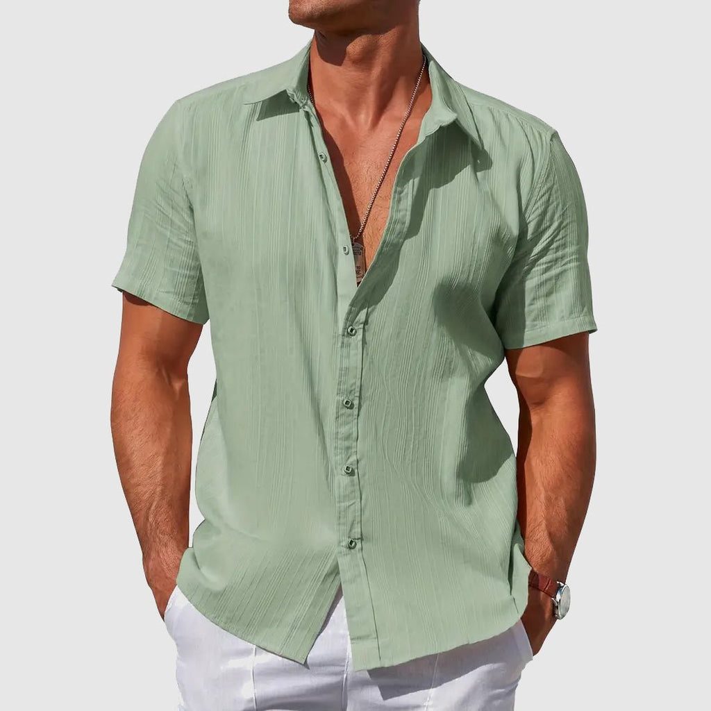 Men's Short-Sleeve Textured Linen Button-Up Shirt - Sage Green