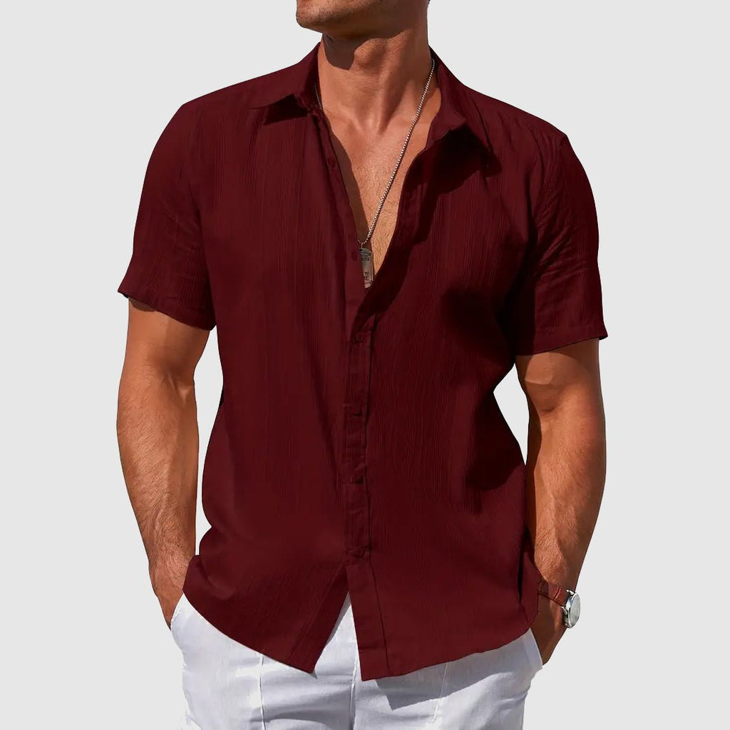 Men's Short-Sleeve Textured Linen Button-Up Shirt - Dark Red