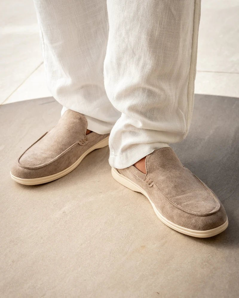 Men's Slip-On Loafers Rounded Toe Apron Stitching - Beige