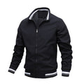 Men's Stand Collar Bomber Jacket Zip Front Ribbed Trim - Black