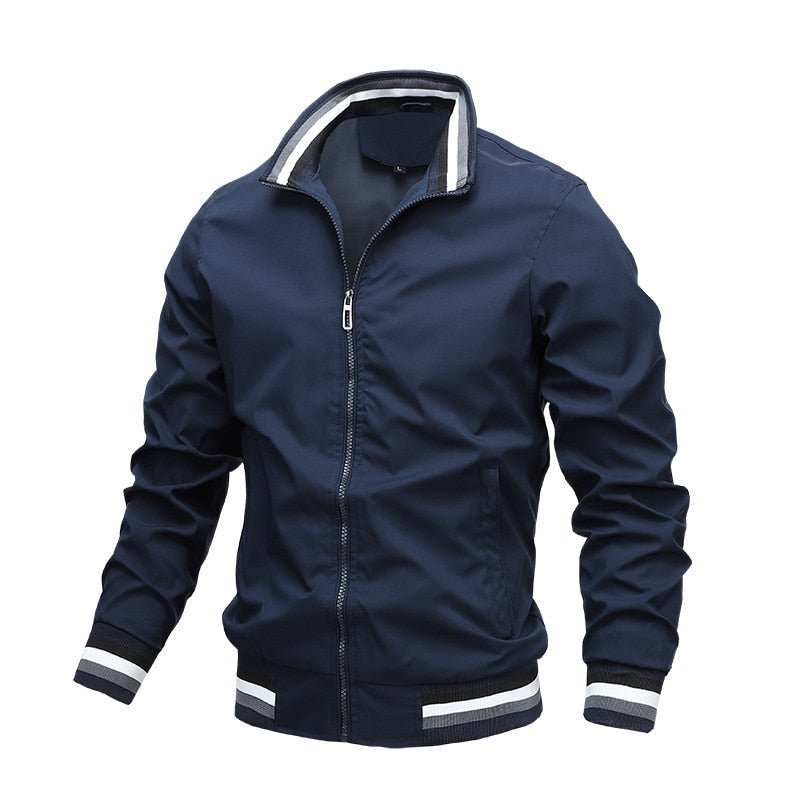 Men's Stand Collar Bomber Jacket Zip Front Ribbed Trim - Dark Blue
