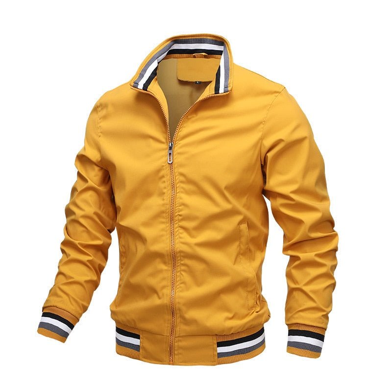 Men's Stand Collar Bomber Jacket Zip Front Ribbed Trim - Yellow