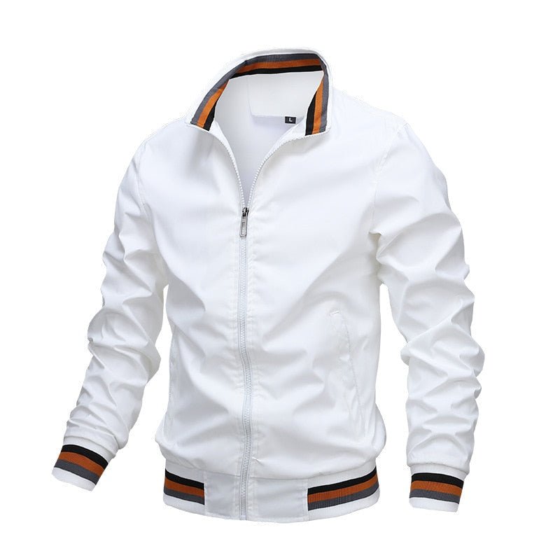 Men's Stand Collar Bomber Jacket Zip Front Ribbed Trim - White