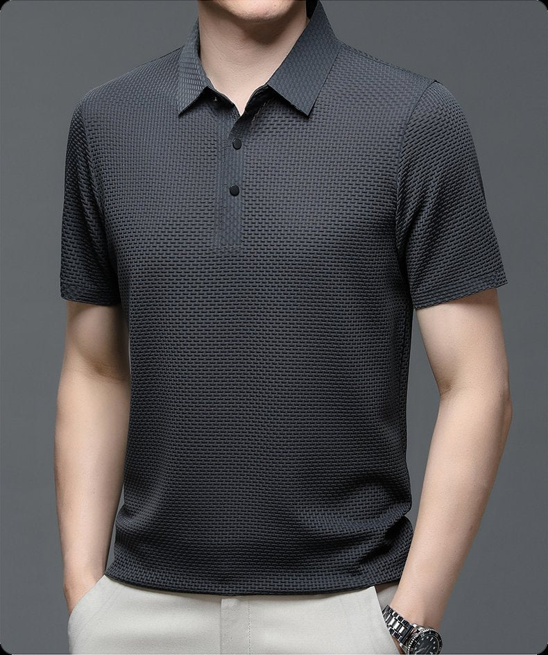Men's Textured Knit Polo Short Sleeve Button Placket - Grey