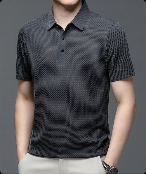 Men's Textured Knit Polo Short Sleeve Button Placket - Grey