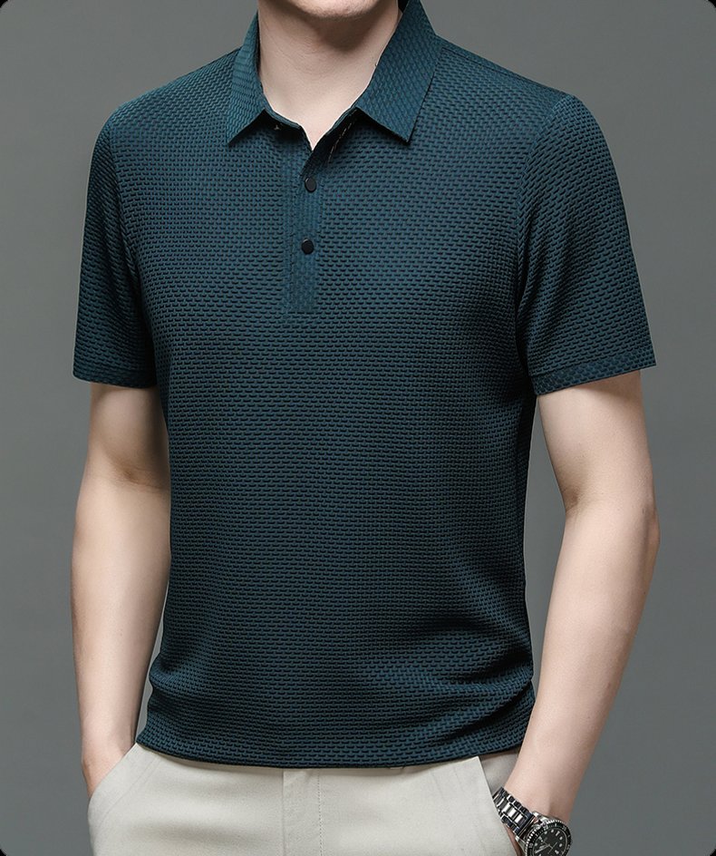 Men's Textured Knit Polo Short Sleeve Button Placket - Navy Blue