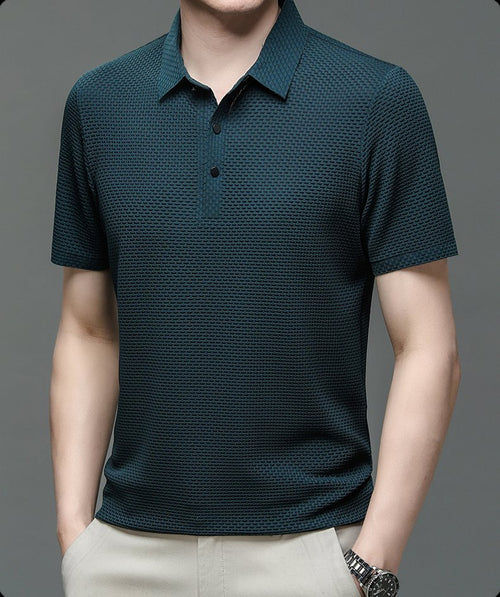 Men's Textured Knit Polo Short Sleeve Button Placket - Navy Blue