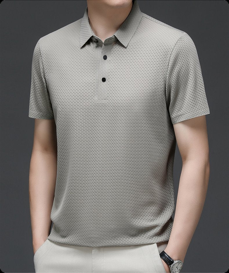 Men's Textured Knit Polo Short Sleeve Button Placket - Beige