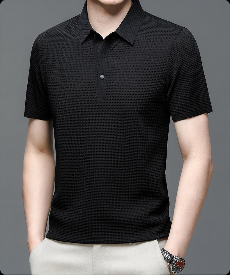 Men's Textured Knit Polo Short Sleeve Button Placket - Black