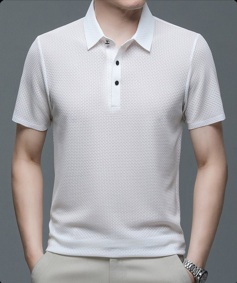 Men's Textured Knit Polo Short Sleeve Button Placket - White