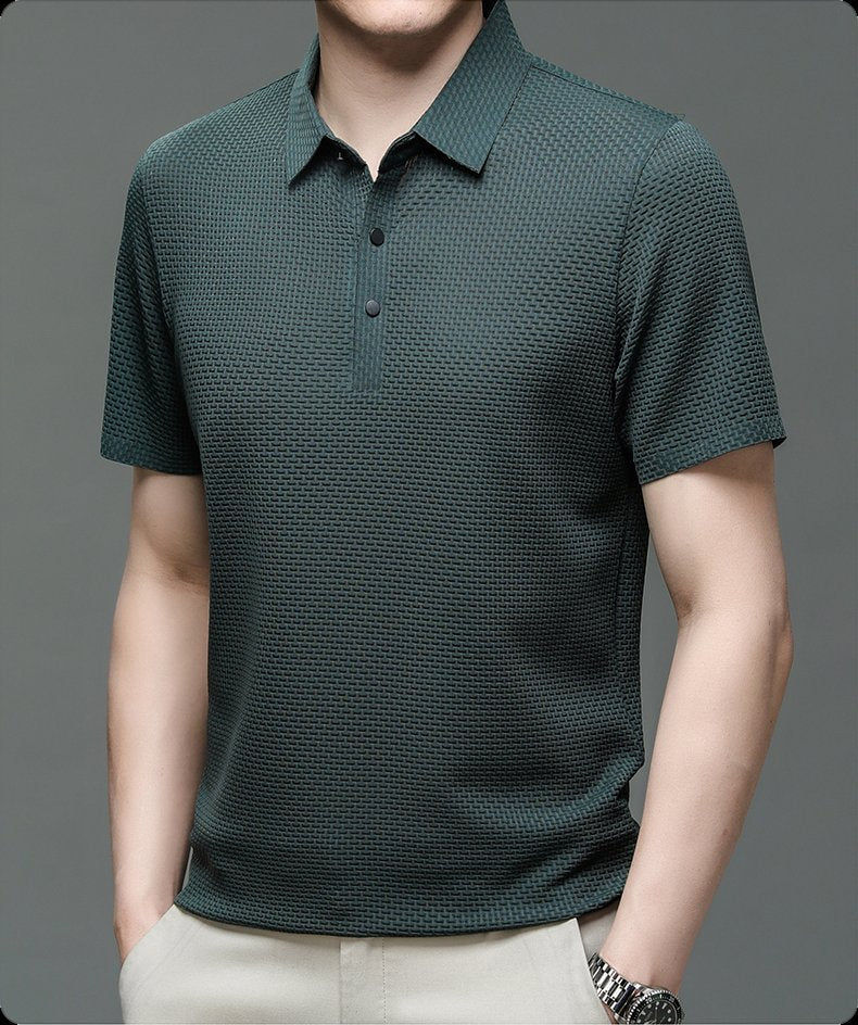 Men's Textured Knit Polo Short Sleeve Button Placket - Dark Green