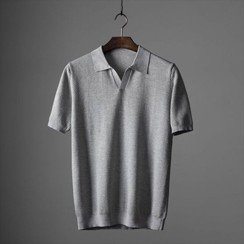 Men's Textured Knit Polo Short Sleeve Geometric Pattern - Gray