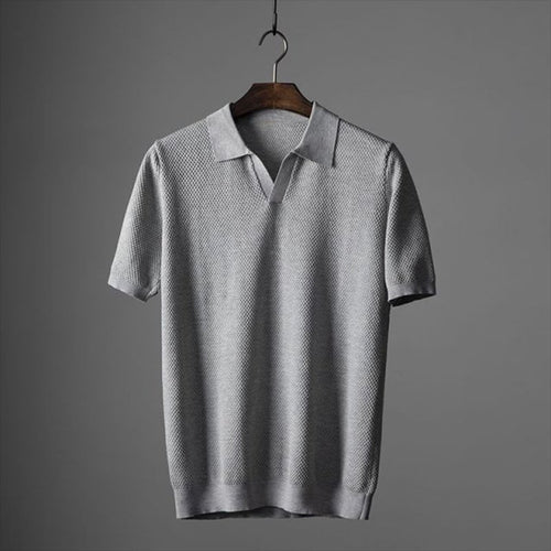 Men's Textured Knit Polo Short Sleeve Geometric Pattern - Gray