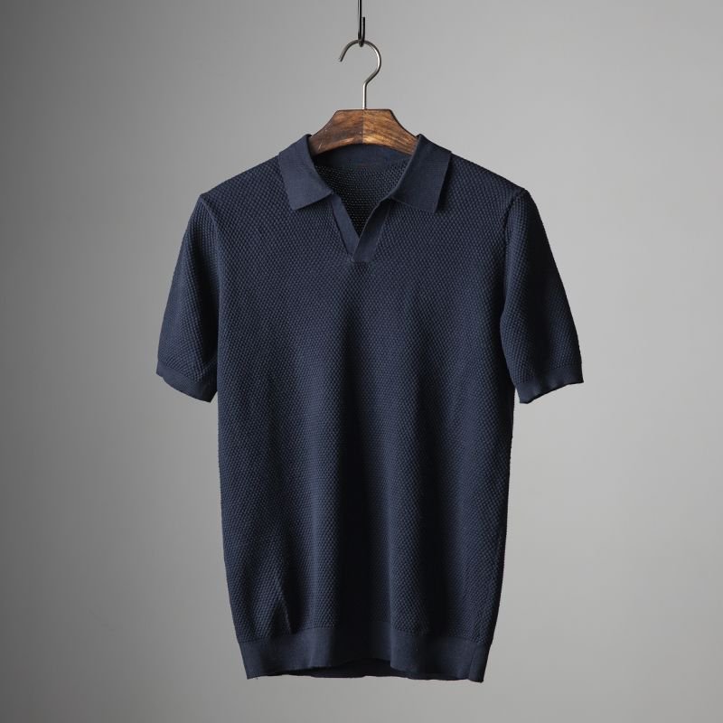 Men's Textured Knit Polo Short Sleeve Geometric Pattern - Dark Blue