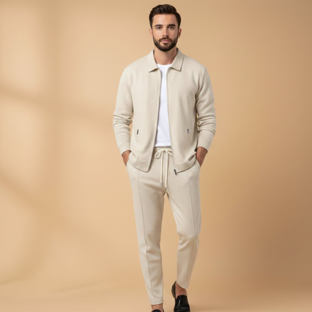 Men's Textured Zip-Up Tracksuit Set 2 Piece Drawstring - Beige