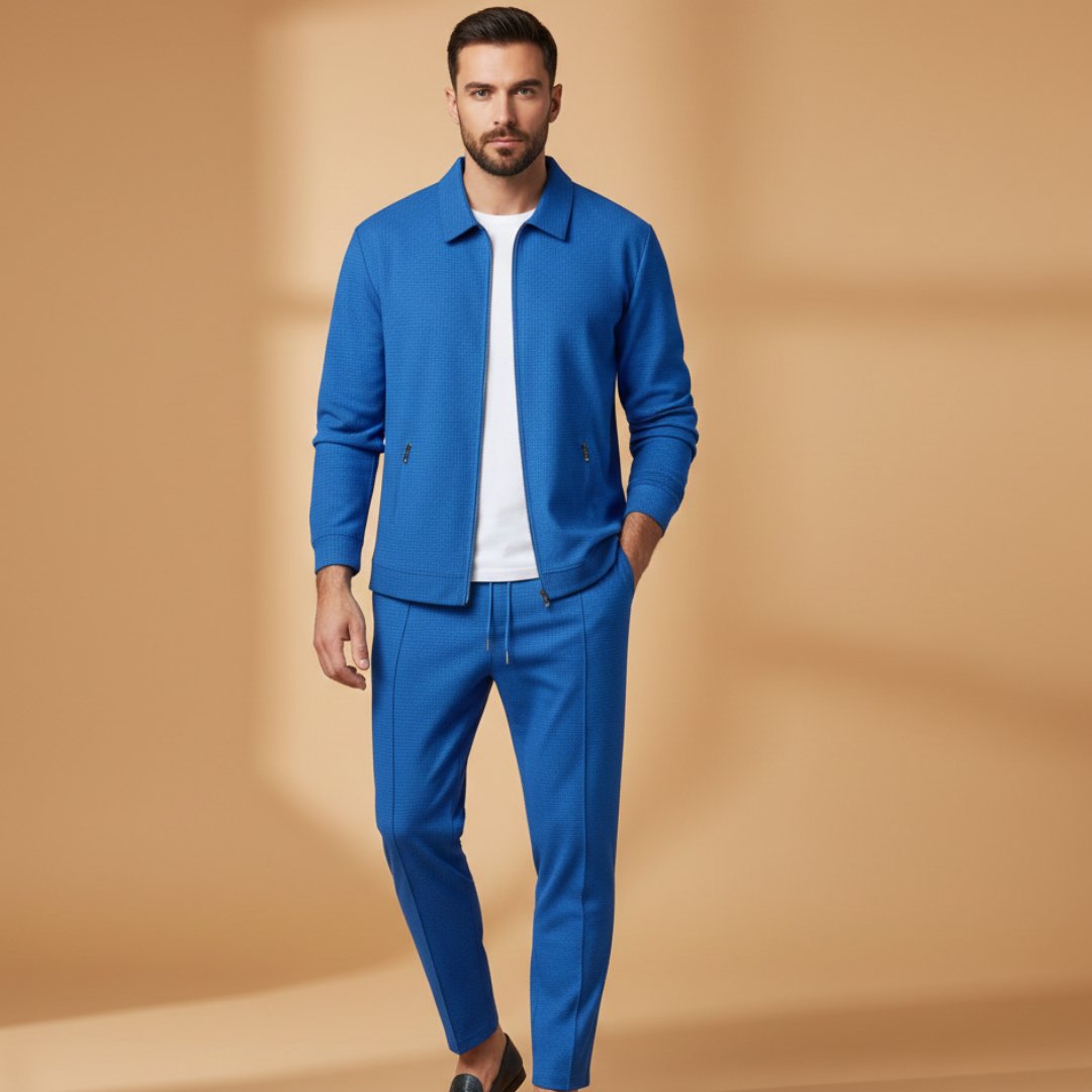 Men's Textured Zip-Up Tracksuit Set 2 Piece Drawstring - Blue