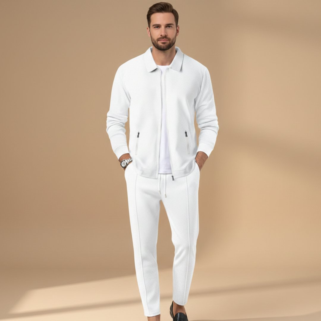 Men's Textured Zip-Up Tracksuit Set 2 Piece Drawstring - White