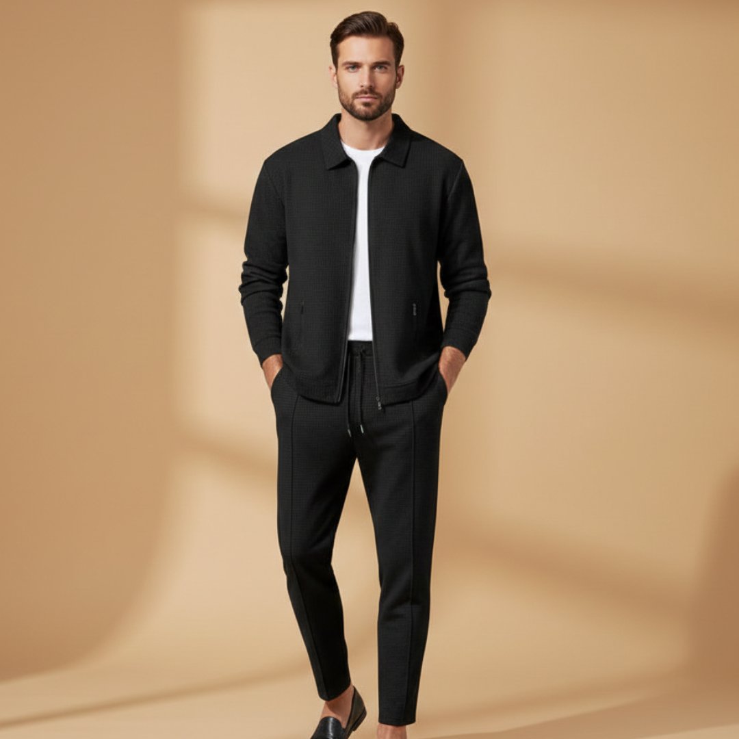 Men's Textured Zip-Up Tracksuit Set 2 Piece Drawstring - Black