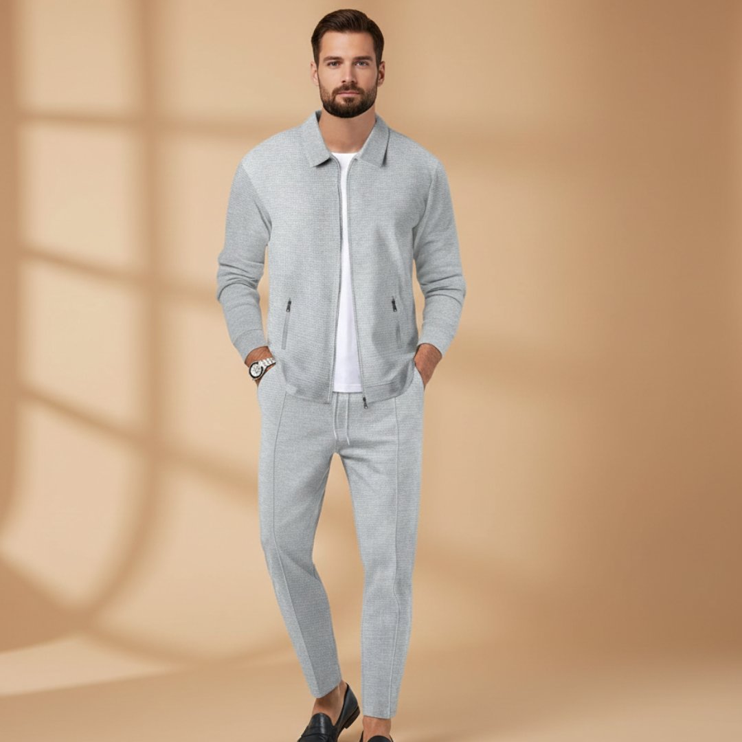 Men's Textured Zip-Up Tracksuit Set 2 Piece Drawstring - Gray