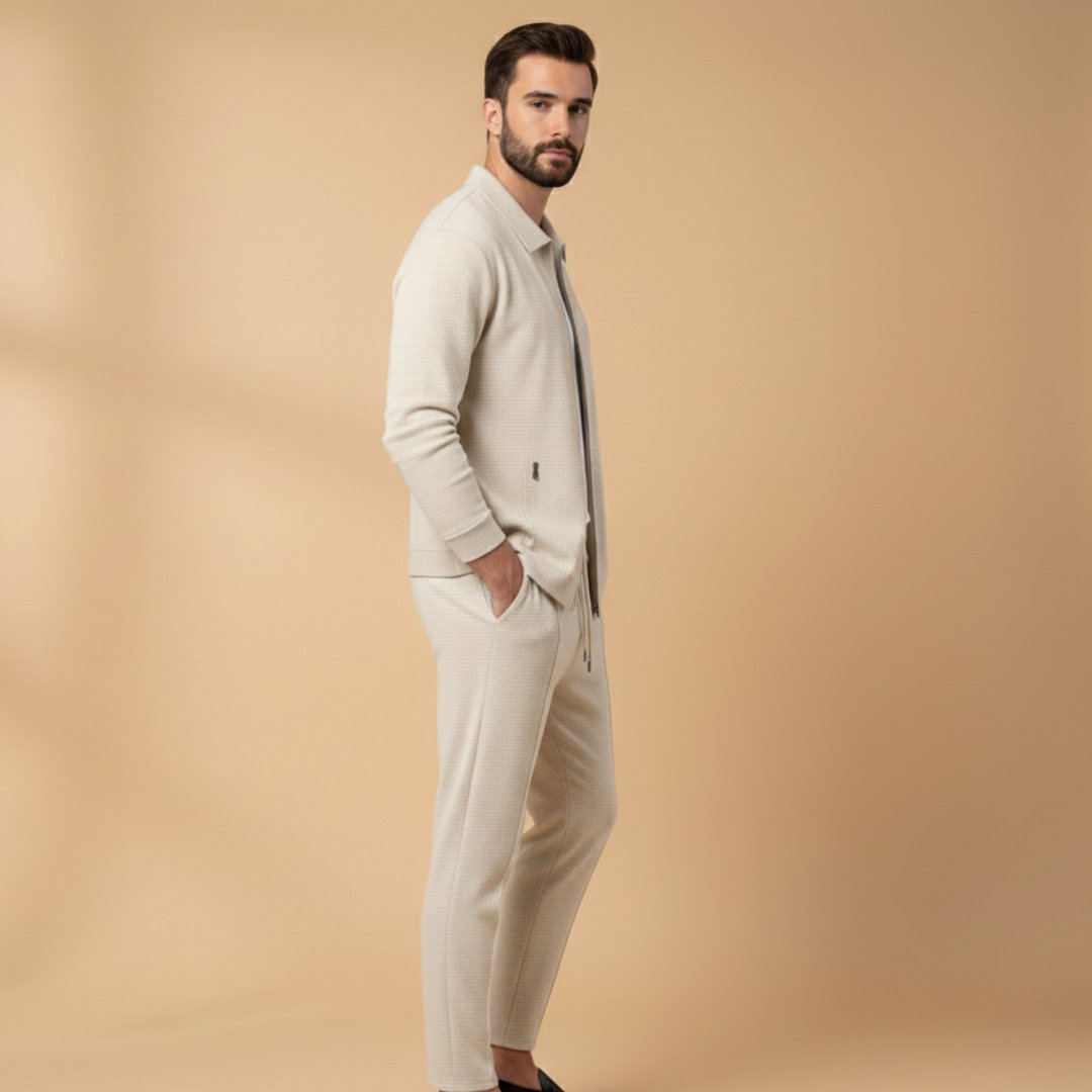Men's Textured Zip-Up Tracksuit Set 2 Piece Drawstring
