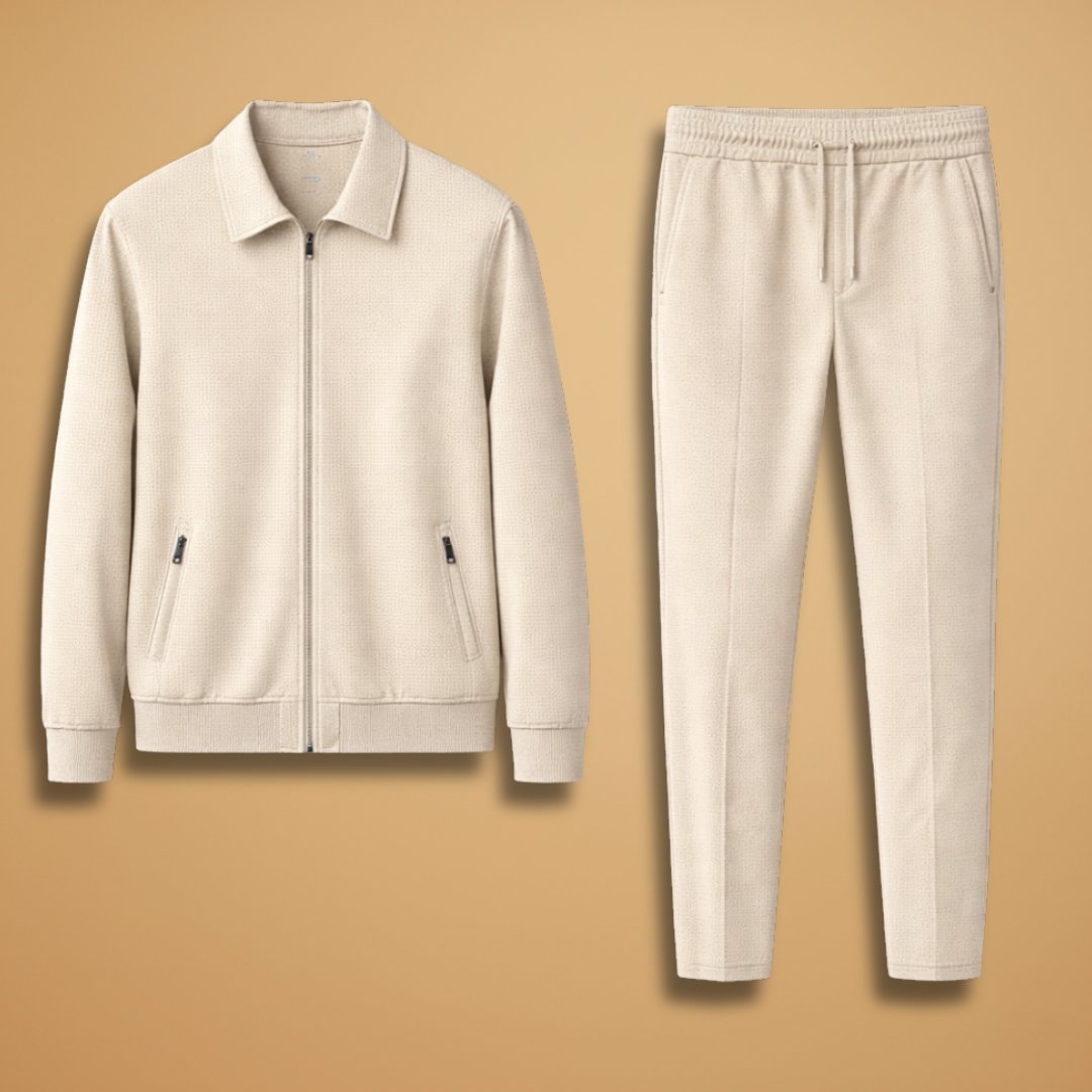 Men's Textured Zip-Up Tracksuit Set 2 Piece Drawstring