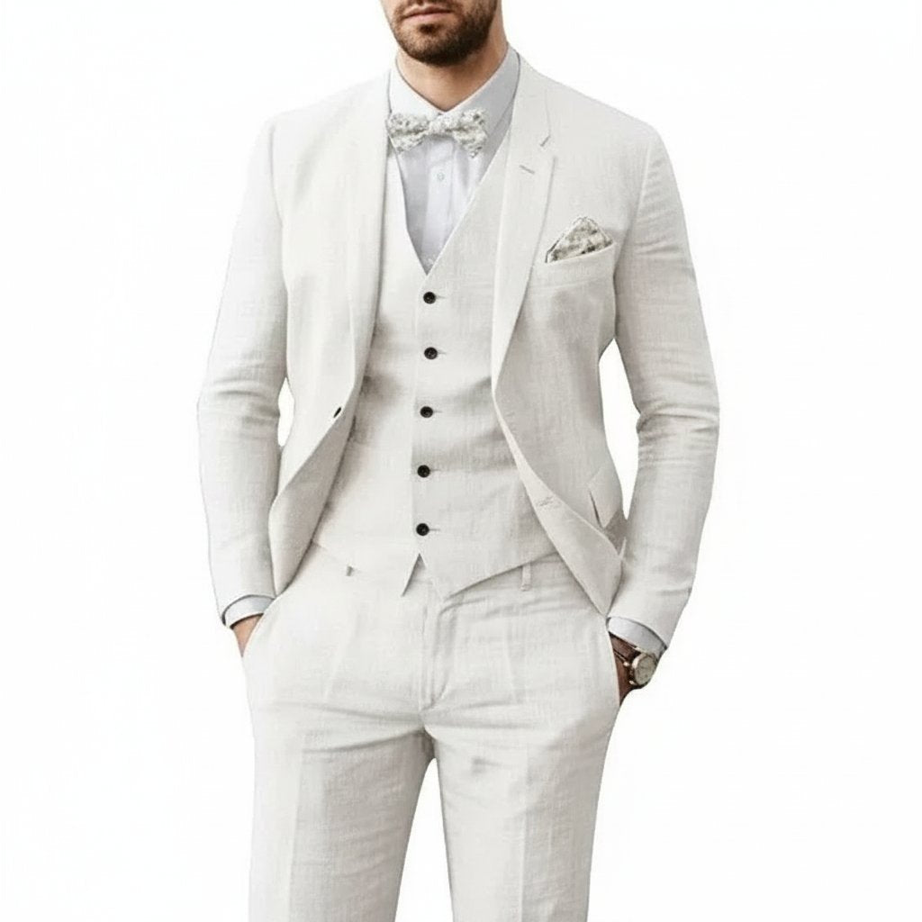 Men's Three-Piece Linen Wedding Suit - Weiß
