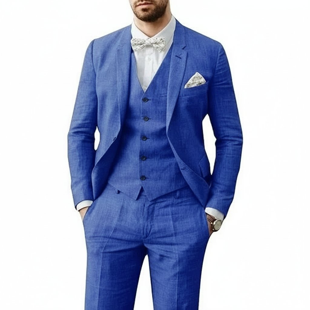 Men's Three-Piece Linen Wedding Suit - Blau