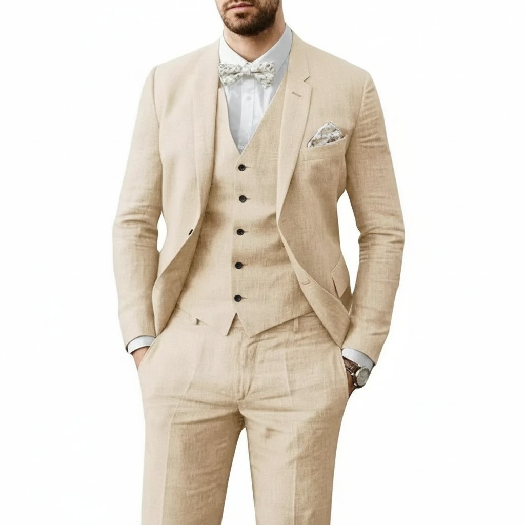 Men's Three-Piece Linen Wedding Suit - Beige