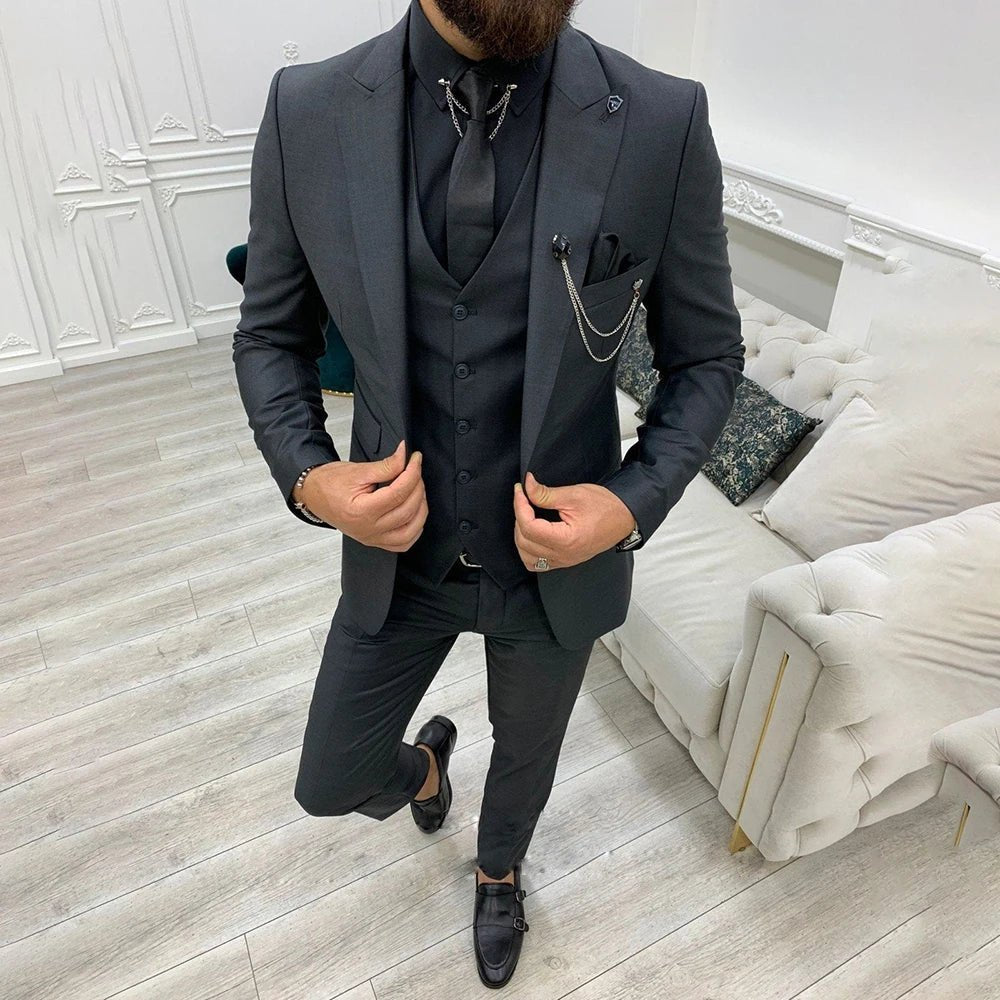 Men's Three-Piece Notch Lapel Single-Breasted Formal Suit Set - Black