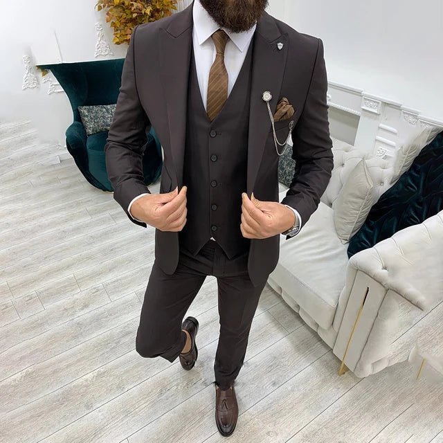 Men's Three-Piece Notch Lapel Single-Breasted Formal Suit Set - Brown