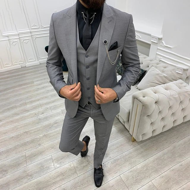 Men's Three-Piece Notch Lapel Single-Breasted Formal Suit Set - Gray