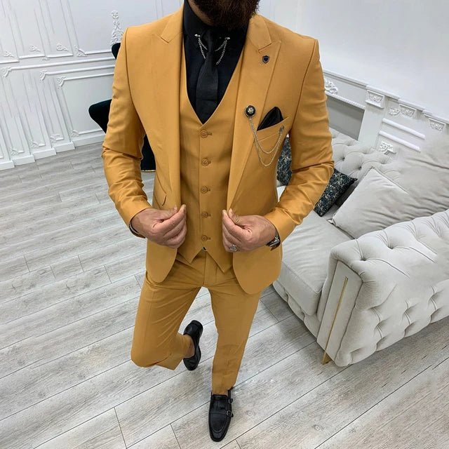 Men's Three-Piece Notch Lapel Single-Breasted Formal Suit Set - Yellow