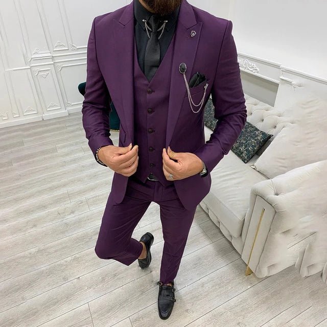 Men's Three-Piece Notch Lapel Single-Breasted Formal Suit Set - Purple