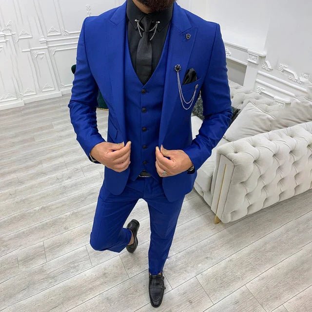 Men's Three-Piece Notch Lapel Single-Breasted Formal Suit Set - Blue