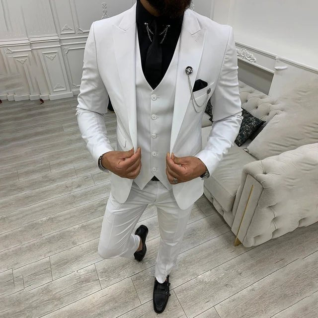 Men's Three-Piece Notch Lapel Single-Breasted Formal Suit Set - White