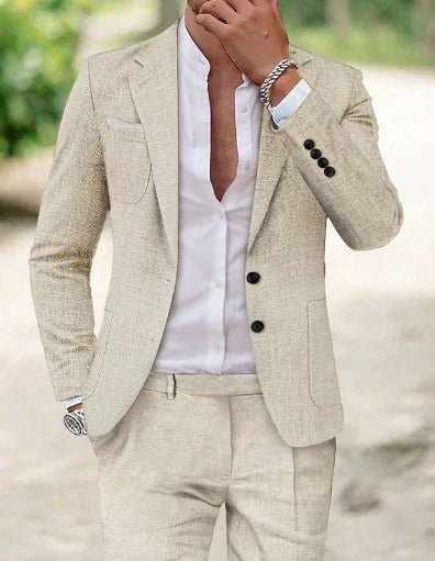 Men's Two-Piece Linen Suit Classic Fit Summer Blazer Pants Set - Beige