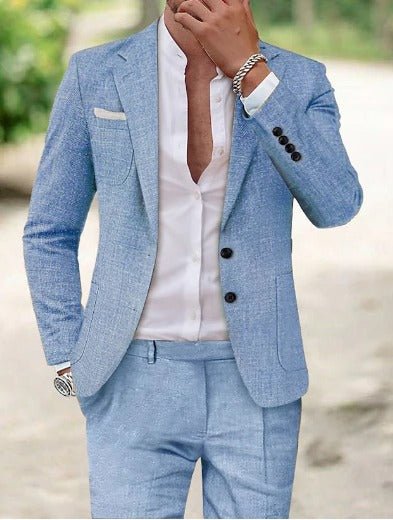 Men's Two-Piece Linen Suit Classic Fit Summer Blazer Pants Set - Blau