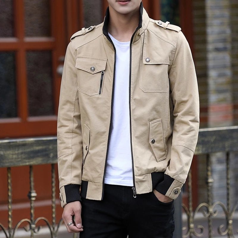 Men's Utility Bomber Jacket Stand Collar Multi-Pocket Zip - Khaki