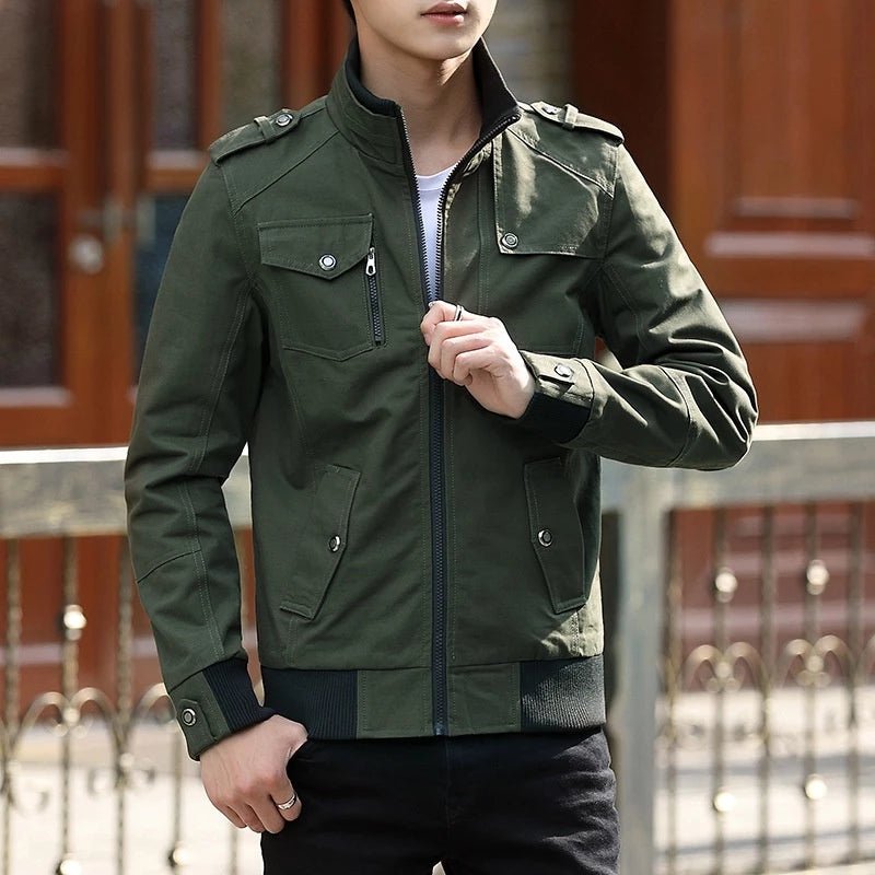 Men's Utility Bomber Jacket Stand Collar Multi-Pocket Zip - Green