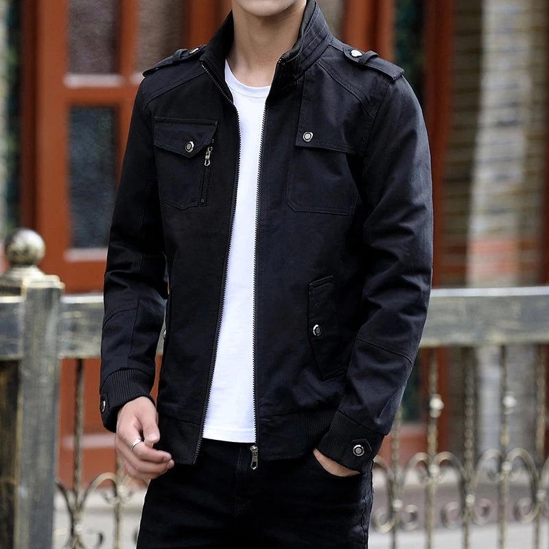 Men's Utility Bomber Jacket Stand Collar Multi-Pocket Zip - Black