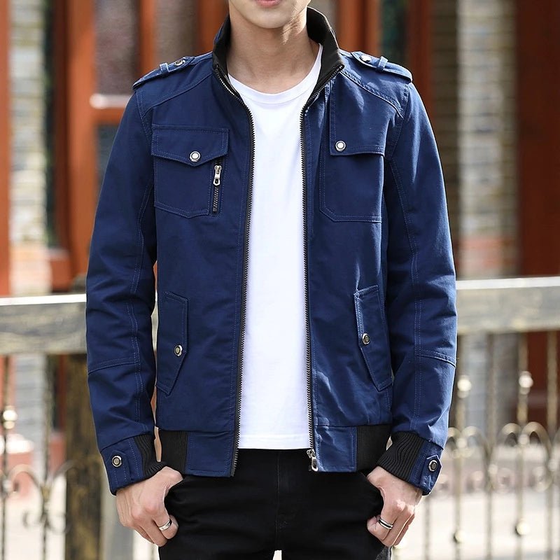 Men's Utility Bomber Jacket Stand Collar Multi-Pocket Zip - Blue