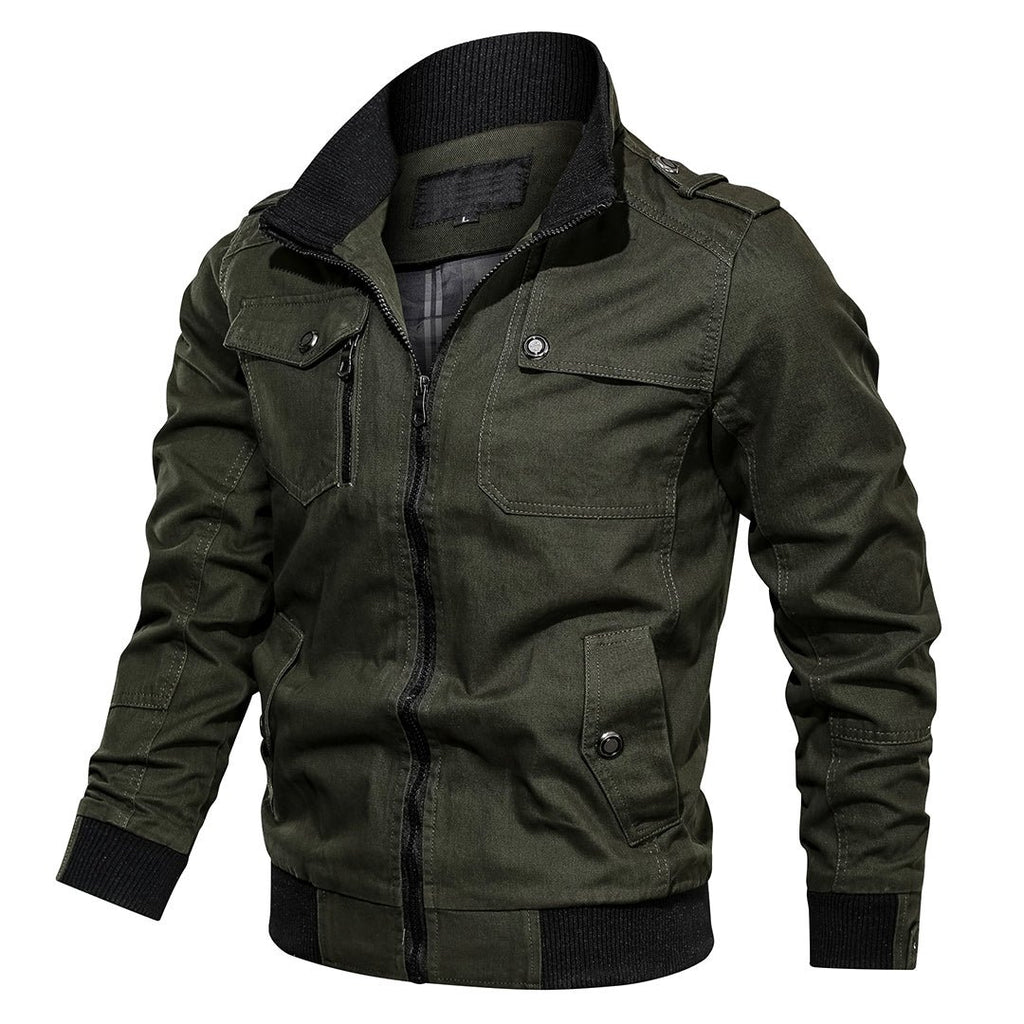 Men's Utility Bomber Jacket Stand Collar Multi-Pocket Zip
