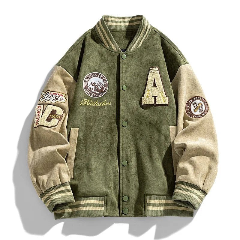 Men's Varsity Bomber Jacket Two-Tone Patch Snap Button - Green