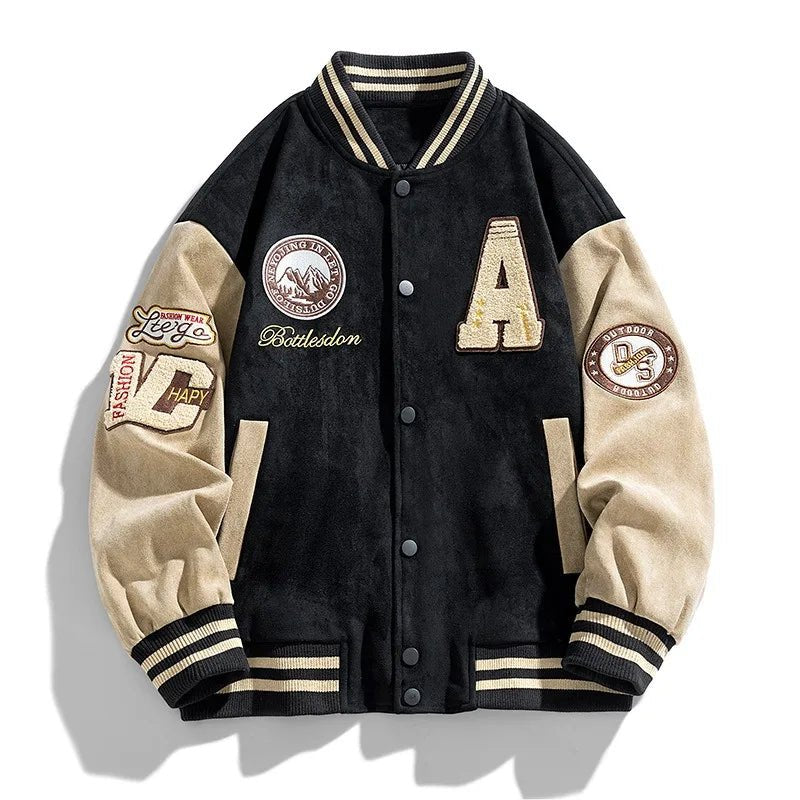 Men's Varsity Bomber Jacket Two-Tone Patch Snap Button - Black