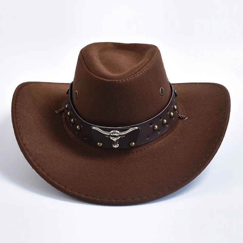 Men's Western Cowboy Hat Studded Band Bull Skull Wide Brim - Dark Brown