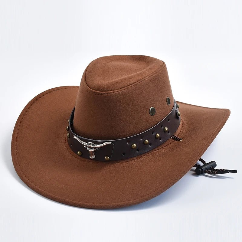 Men's Western Cowboy Hat Studded Band Bull Skull Wide Brim - Brown