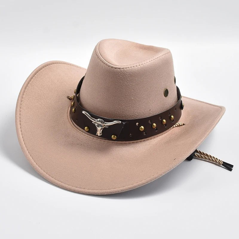 Men's Western Cowboy Hat Studded Band Bull Skull Wide Brim - Champagne