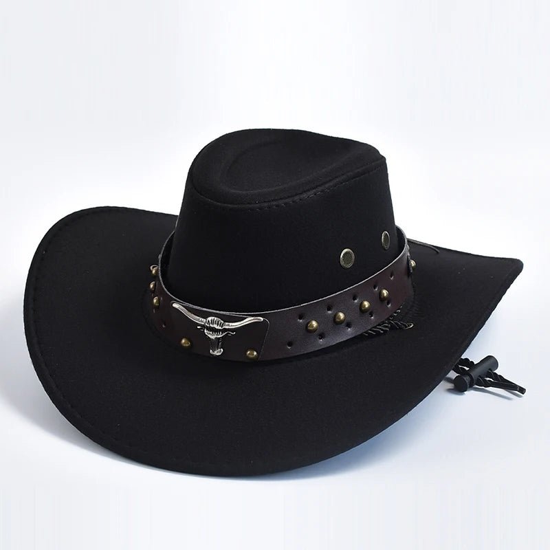Men's Western Cowboy Hat Studded Band Bull Skull Wide Brim - Black